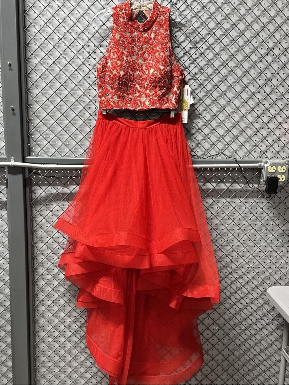 Red Two-Piece Beaded Crop Top and High-Low Tulle Skirt Formal Gown